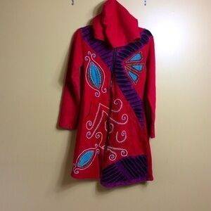 Rising international red embroidered patchwork, long hoodie Cotton Small.